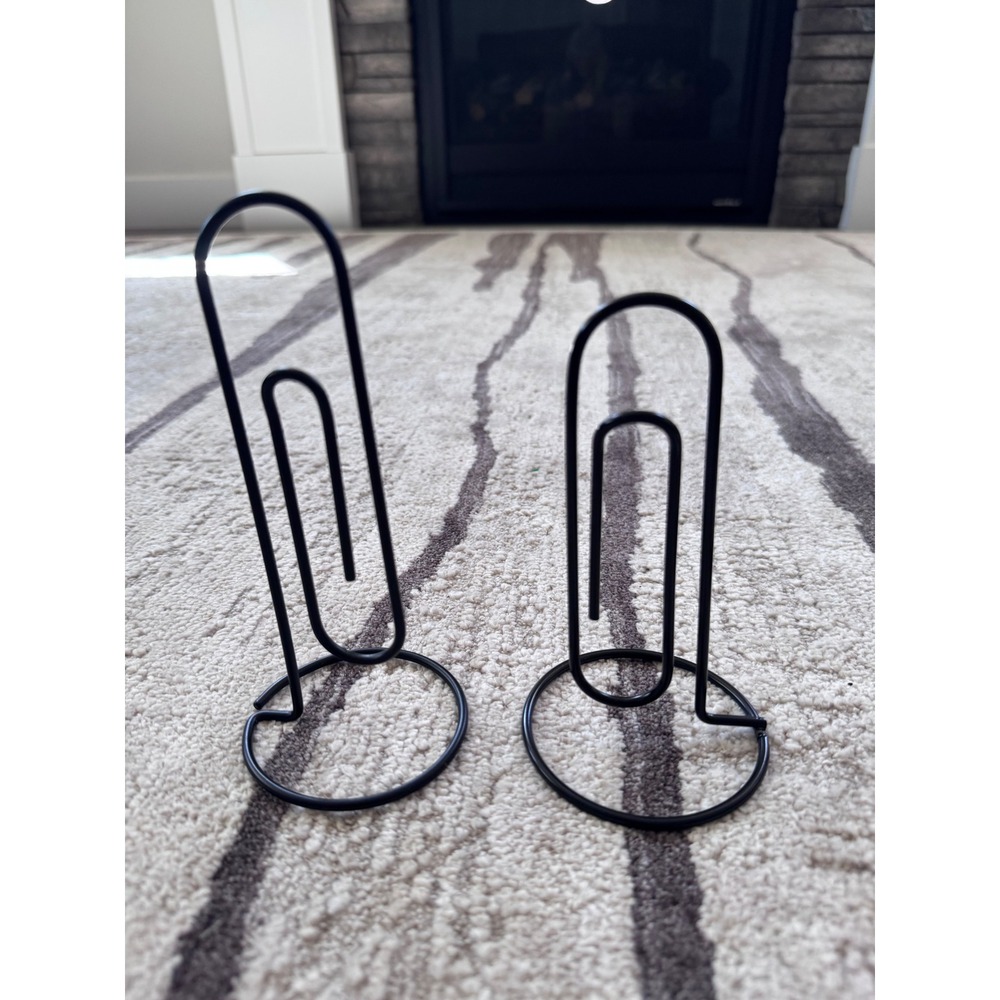 2 Vintage Jumbo Metal Paper Clip Memo Holders  Black Desk Decor Stands (6" & 5")